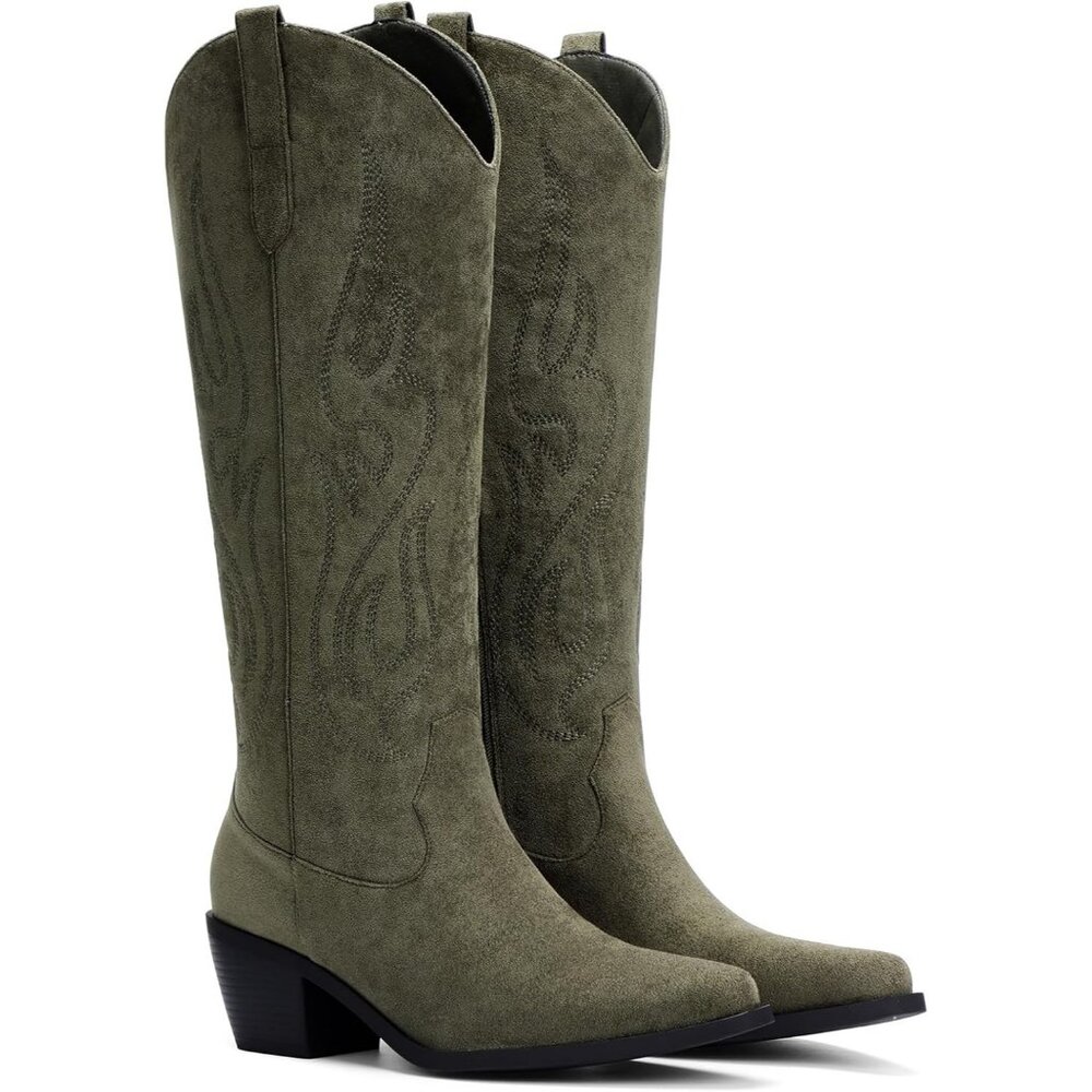Women's Green Knee High Wide Calf Cowgirl Boots Slip On Pointed Toe Chunky Heel - Picture 4 of 6